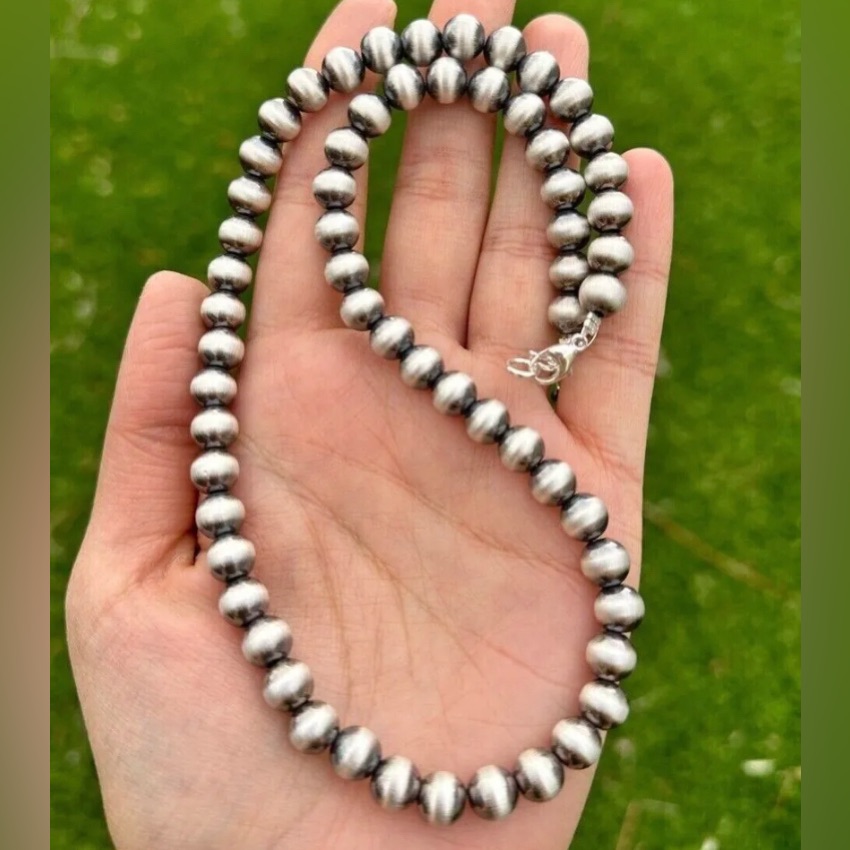 8mm 26 Inch 925 Sterling Silver Oxidized Pearls Bead Necklace Southwestern